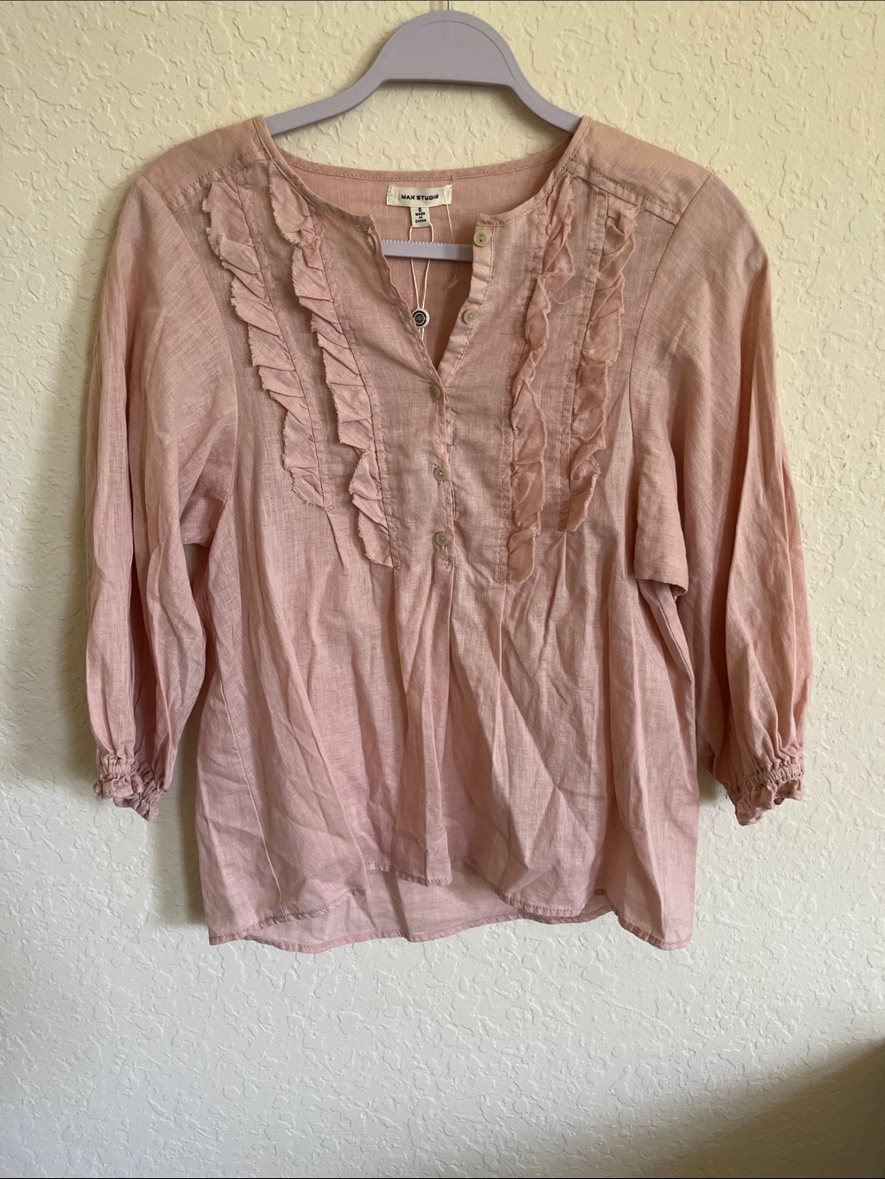 Max Studio Dusty Pink Ruffle Henley Blouse